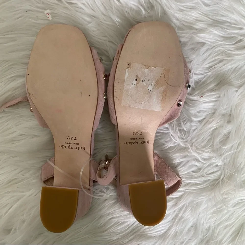 NEW! Kate Spade Emilia pink blush studs suede chunky heels sandals 7.5M